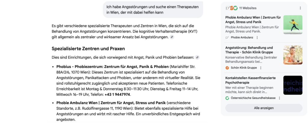 Screenshot einer KI Suche zum Begriff Angststörungen Wien