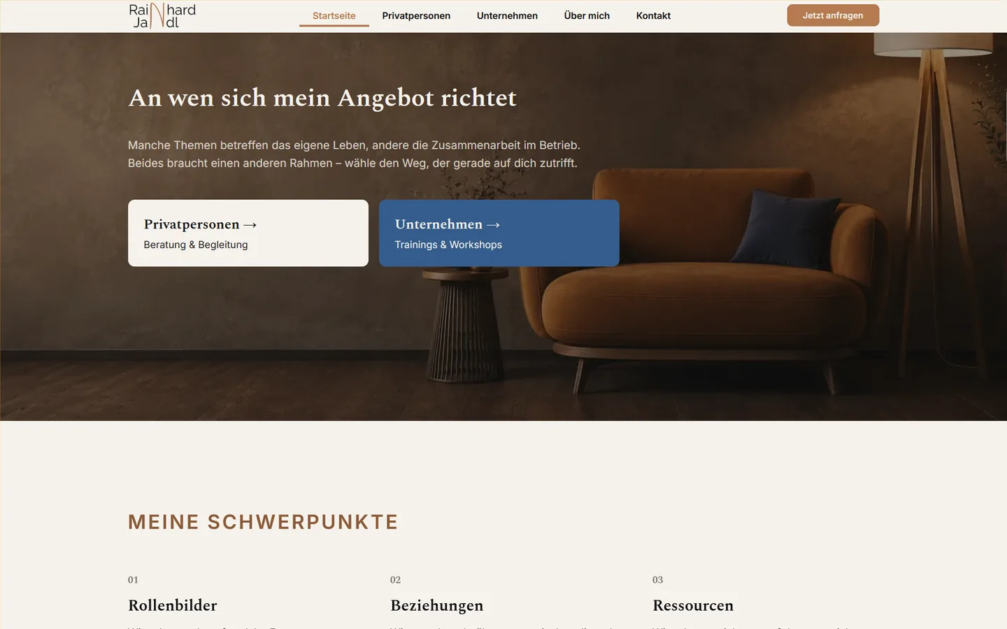 Startseite einer Website für psychosoziale Beratung, Desktopansicht