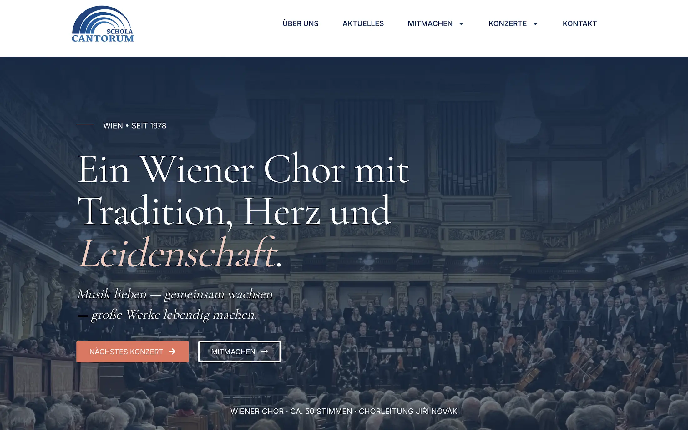 Startseite einer Website für eine Chorvereinigung in Wien, Desktopansicht